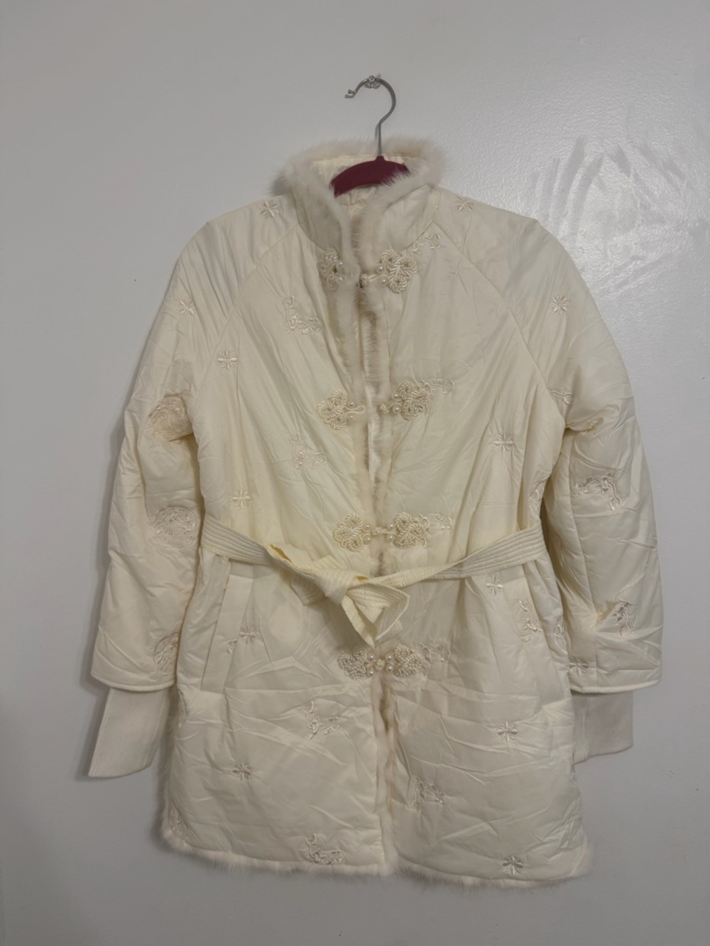 Chinese Style Quilted Coat Ivory Embroidered Pearl Frog Closure Qipao Jacket